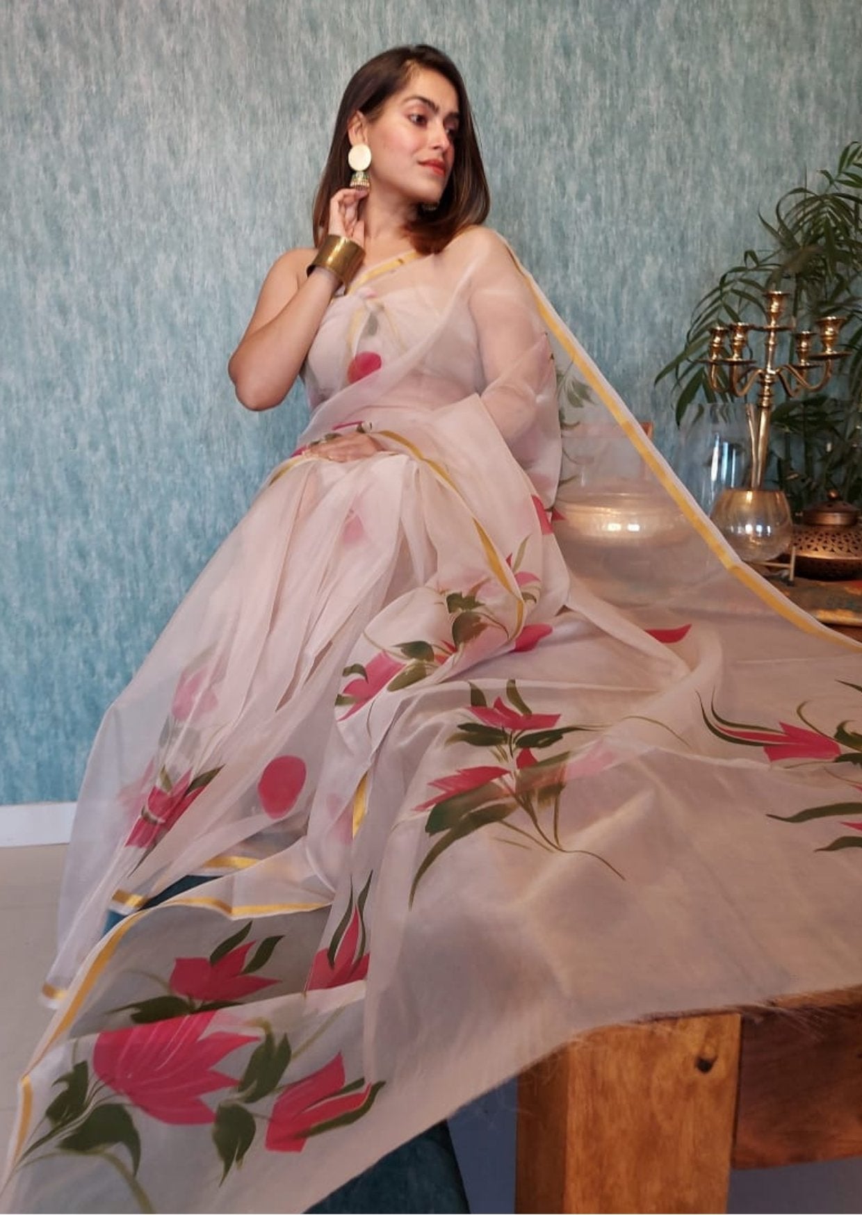 Hand-painted Organza Saree Smoke White