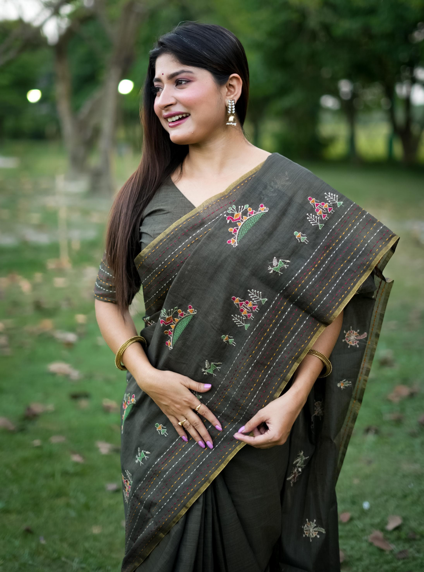 Khadi Cotton Silk Katha Embroidered Saree - Charcoal Black