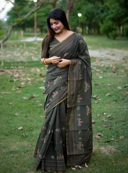 Khadi Cotton Silk Katha Embroidered Saree - Charcoal Black