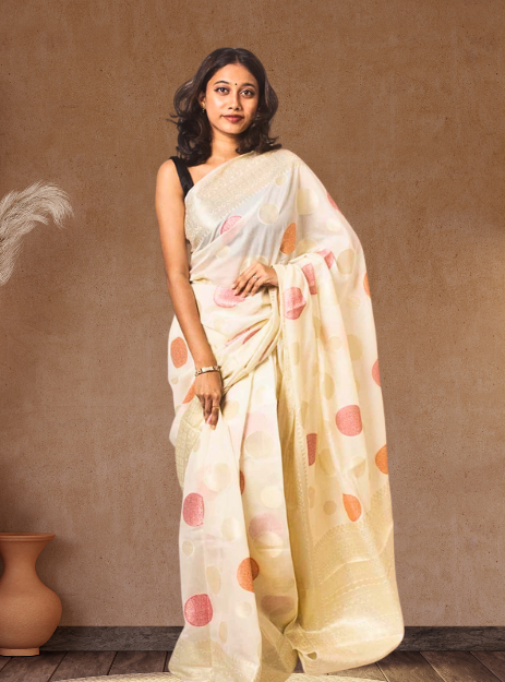 Luxurious Banarasi Georgette Alfi buta weaving- Offwhite