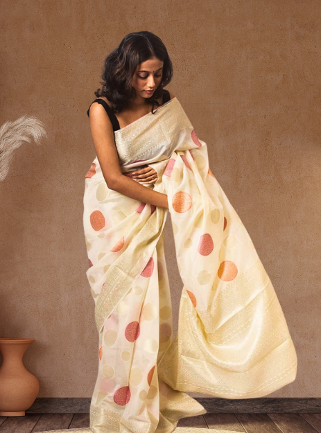 Luxurious Banarasi Georgette Alfi buta weaving- Offwhite