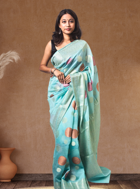 Luxurious Banarasi Georgette Alfi buta weaving- Light Blue