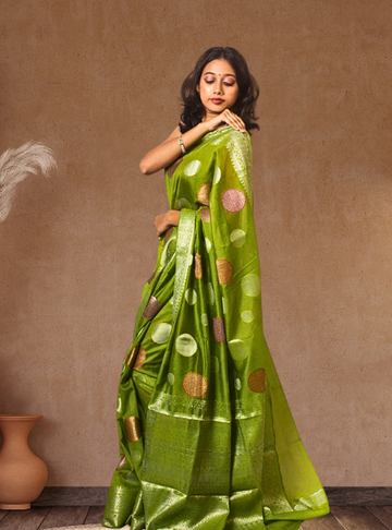 Luxurious Banarasi Georgette Alfi buta weaving- forest Green