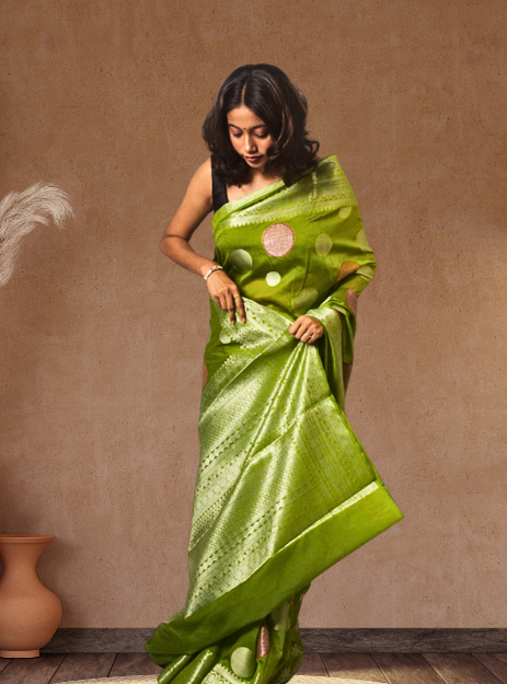 Luxurious Banarasi Georgette Alfi buta weaving- forest Green