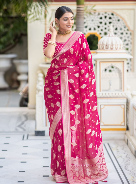 Luxurious Banarasi Georgette Zari Buta- Gulabi