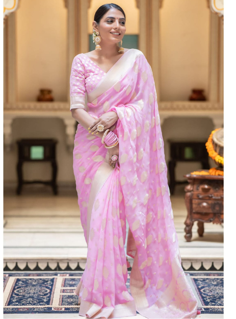 Luxurious Banarasi Georgette Zari Buta- baby Pink