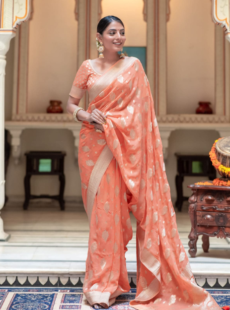 Luxurious Banarasi Georgette Zari Buta- Peach