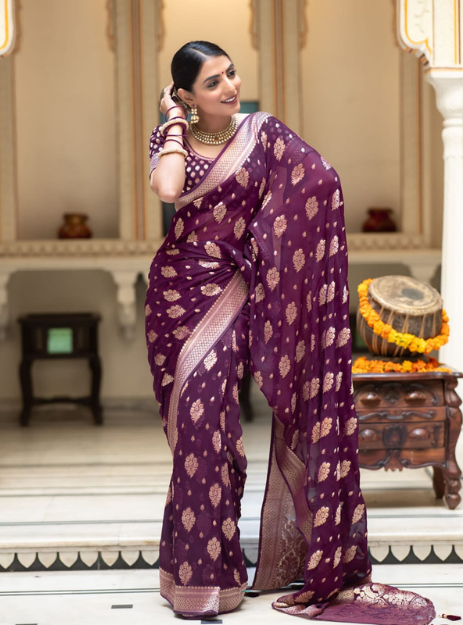 Luxurious Banarasi Georgette Zari Buta- Deep Purple