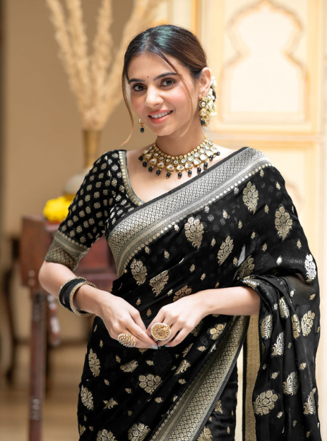 Luxurious Banarasi Georgette Zari Buta- Black