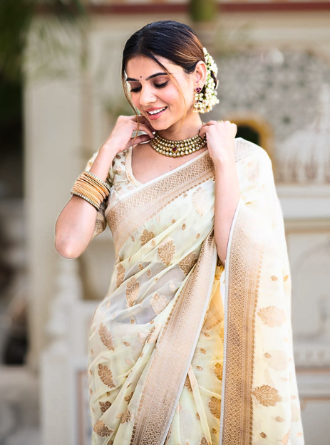 Luxurious Banarasi Georgette Zari Buta- Off White