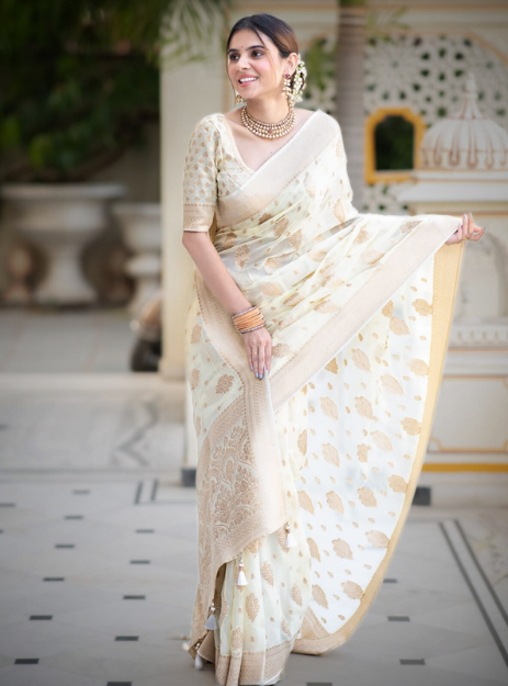 Luxurious Banarasi Georgette Zari Buta- Off White