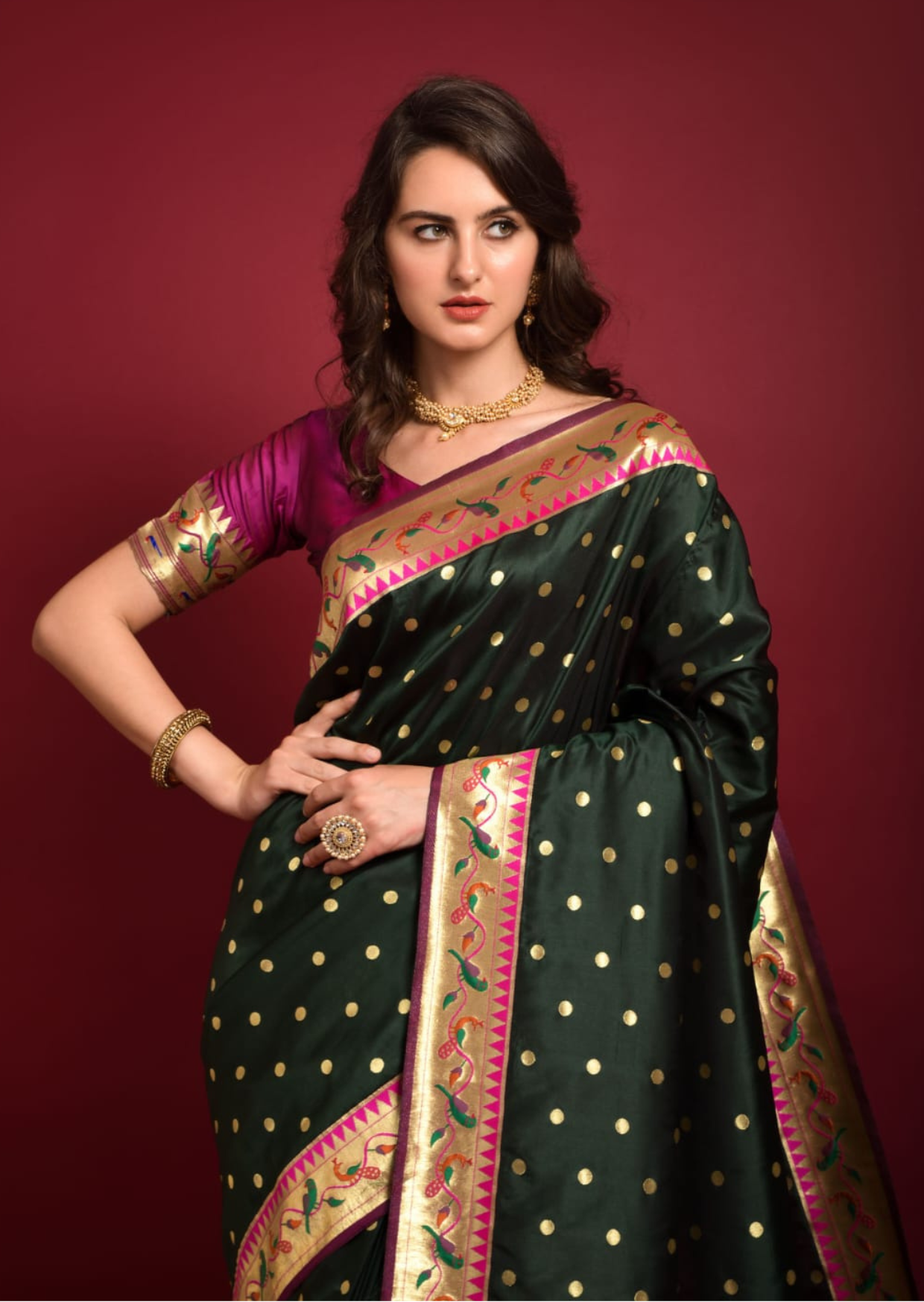 Paithani Silk Butta - Dark Green