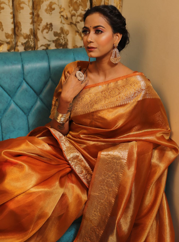 Banarsi Organza with Woven Zari Border - Orange