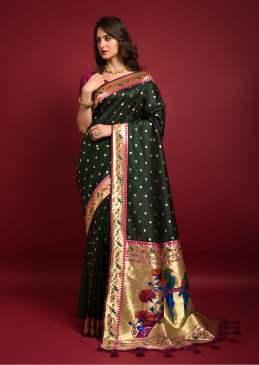 Paithani Silk Butta - Dark Green