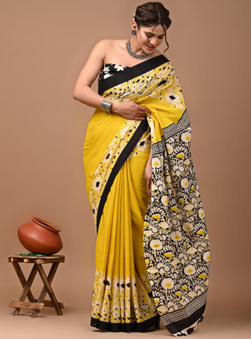 Mulmul Cotton Handblock printed saree-Yellow and Black