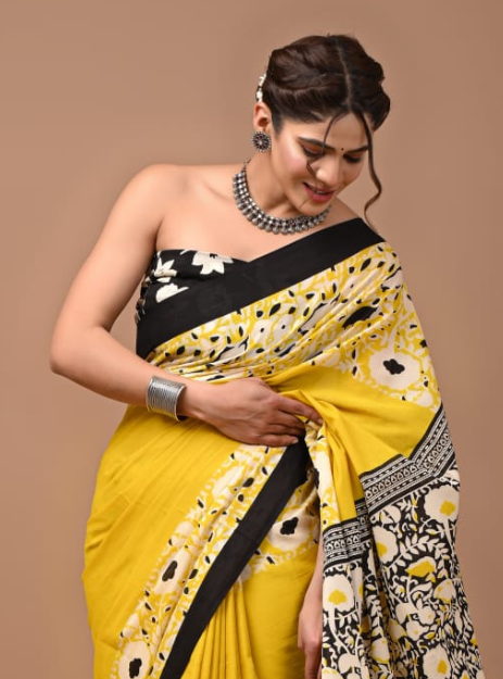 Mulmul Cotton Handblock printed saree-Yellow and Black