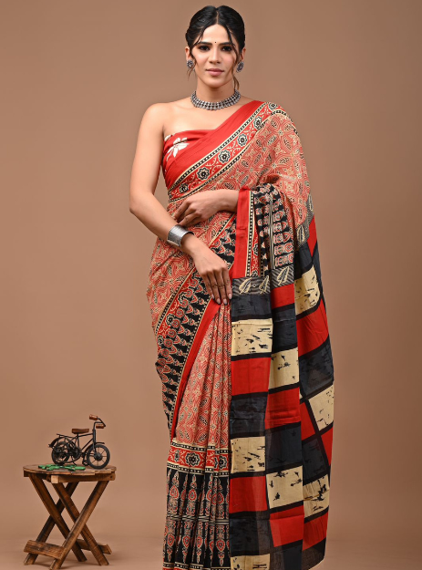 Mulmul Cotton Handblock printed saree- Red Ajrak