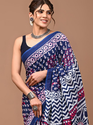 Mulmul Cotton Handblock printed saree - Blue White