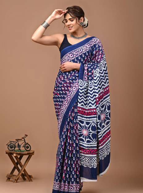 Mulmul Cotton Handblock printed saree - Blue White