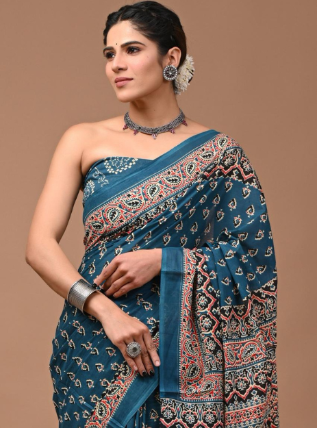 Mulmul Cotton Handblock printed saree - Teal and Red