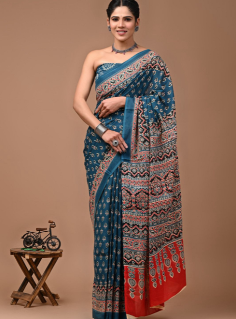 Mulmul Cotton Handblock printed saree - Teal and Red