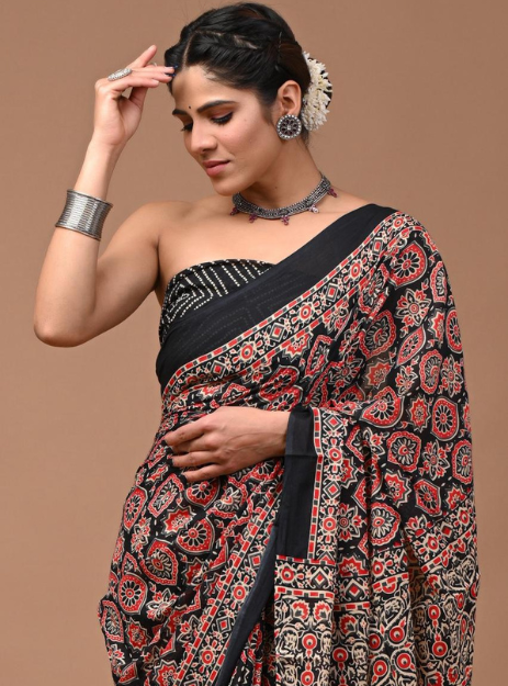 Mulmul Cotton Handblock printed saree - Black Ajrak