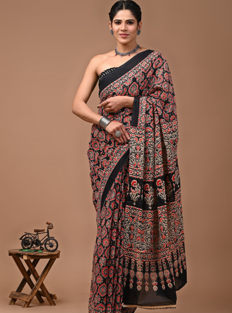 Mulmul Cotton Handblock printed saree - Black Ajrak