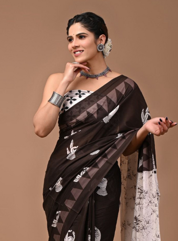 Mulmul Cotton Handblock printed saree - Brown