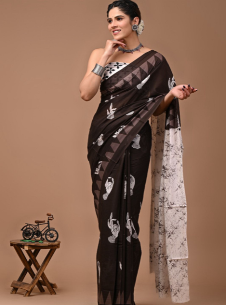 Mulmul Cotton Handblock printed saree - Brown