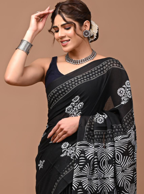 Mulmul Cotton Handblock printed saree - Black