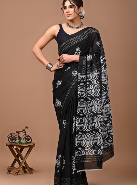 Mulmul Cotton Handblock printed saree - Black