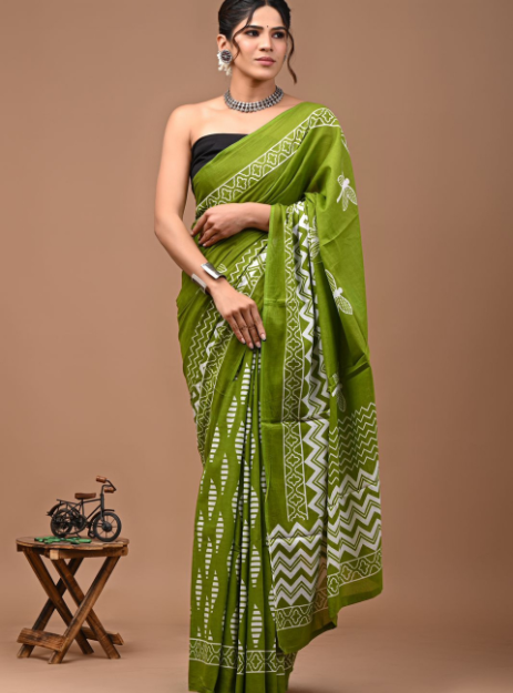 Mulmul Cotton Handblock printed saree - Forest Green