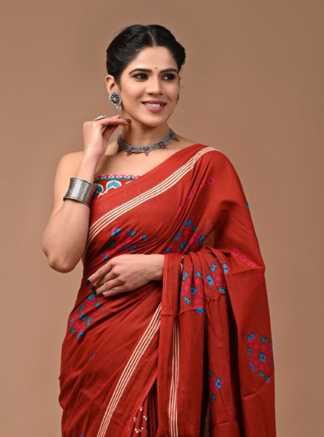 Mulmul Cotton Handblock printed saree - Red Chappa