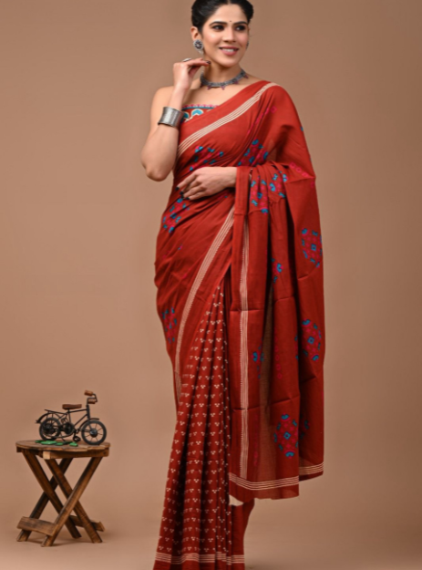 Mulmul Cotton Handblock printed saree - Red Chappa