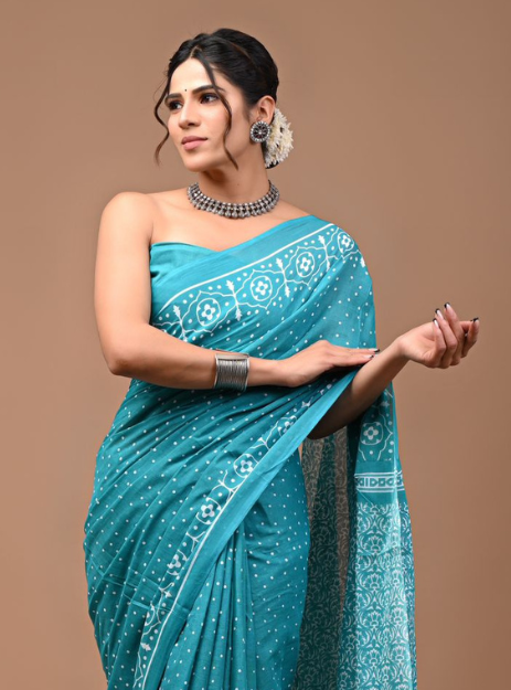 Mulmul Cotton Handblock printed saree - Firozi