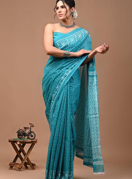 Mulmul Cotton Handblock printed saree - Firozi