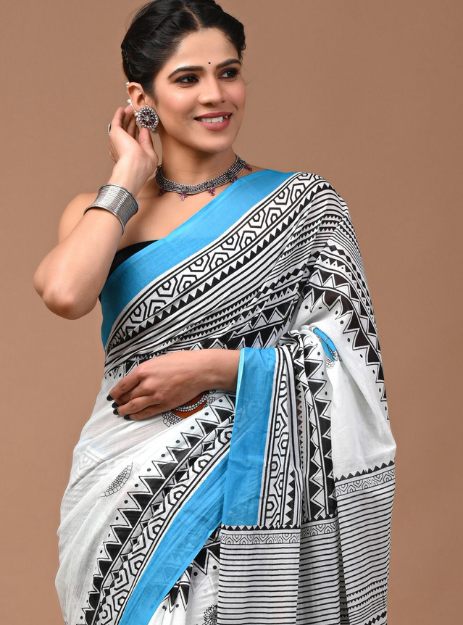 Mulmul Cotton Handblock printed saree - White and Blue