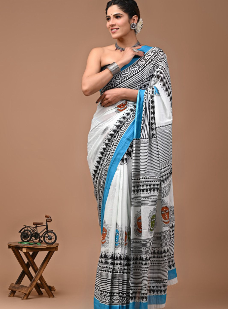 Mulmul Cotton Handblock printed saree - White and Blue