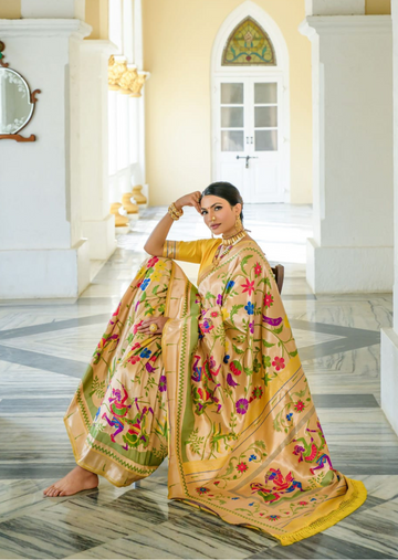 Paithani Silk Meenkari - Golden Yellow