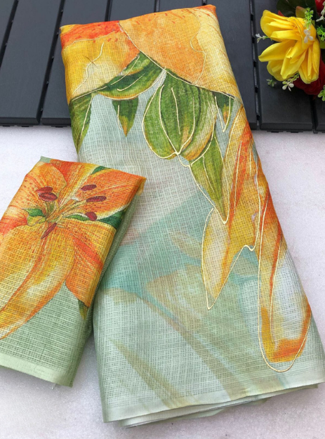 Kota Doria Silk Saree Floral Printed - Pista