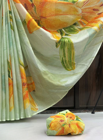 Kota Doria Silk Saree Floral Printed - Pista