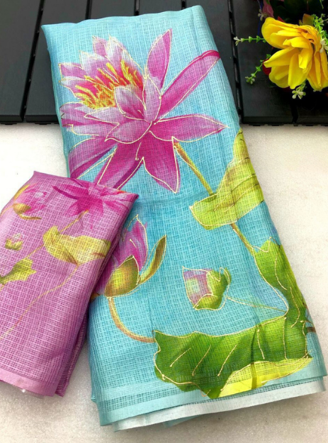 Kota Doria Silk Saree Floral Printed -  Sky Blue