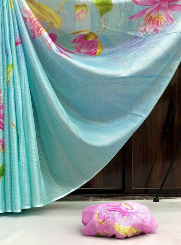 Kota Doria Silk Saree Floral Printed -  Sky Blue