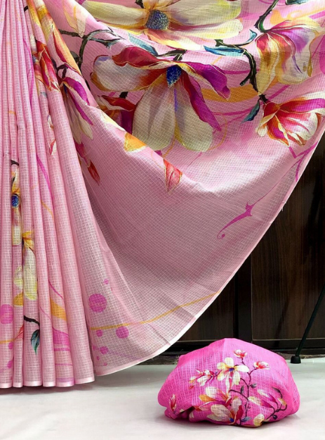 Kota Doria Silk Saree Floral Printed -  Pink