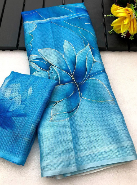 Kota Doria Silk Saree Floral Printed -  Blue