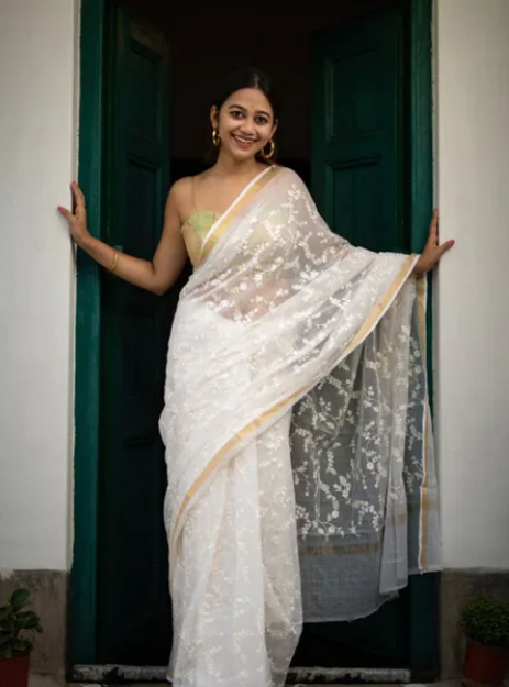 White Handwoven Kota Doria Silk Saree with Floral jaal