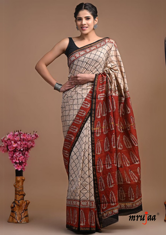 Chavi - Chanderi Cotton Silk Saree- Beige and Red