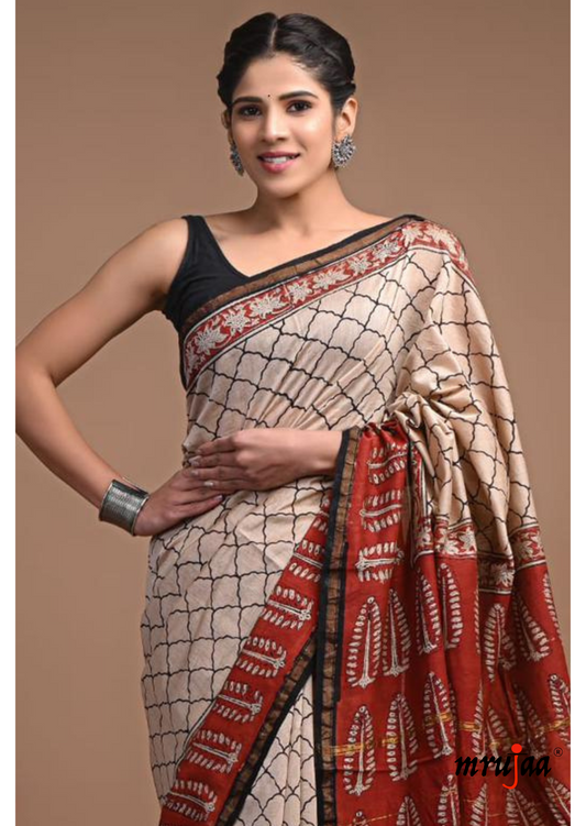 Chavi - Chanderi Cotton Silk Saree- Beige and Red