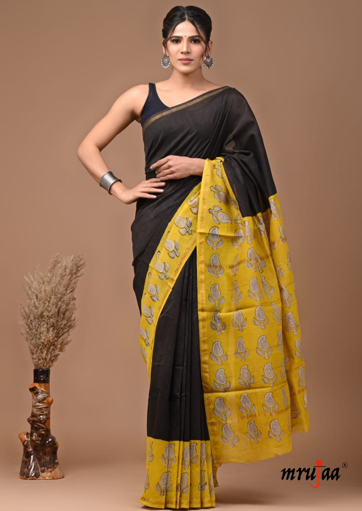 Chavi - Chanderi Cotton Silk Saree- Black and Yellow