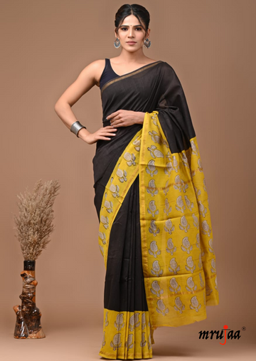 Chavi - Chanderi Cotton Silk Saree- Black and Yellow